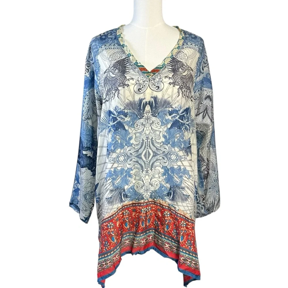 Johnny Was Bohemian Art to Wear Currency Print Silk Tunic Top Size Medium - Picture 16 of 17